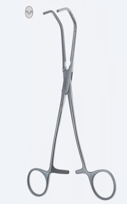 Зажими судинні De Bakey-Satinsky, градуйовані, вигнуті, ширина щелепи 20 мм, з кремальєрою, довжина 215 мм. Бренд - Asanus Medizintechnik Gmb, Німеччина